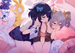  2girls absurdres bangs bare_shoulders between_legs blue_bow blue_dress blue_eyes blue_hair blush bow bronya_zaychik brown_shirt closed_mouth crossed_bangs dress drill_hair grey_eyes grey_hair hair_bow hand_between_legs highres holding honkai_(series) honkai_impact_3rd indoors looking_at_another multiple_girls on_bed pantyhose pantyhose_removed parted_lips pillow pinafore_dress purple_skirt seele_vollerei shirt sitting sitting_on_bed skirt tsubasa_tsubasa twin_drills twintails white_pantyhose white_shirt yellow_bow 