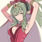  1girl armpits arms_up bangs bracelet breasts cape cleavage collar commentary_request dress fire_emblem fire_emblem_awakening gloves green_eyes green_hair hair_between_eyes hair_ornament high_collar jewelry lips long_hair looking_at_viewer medium_breasts p-nekor parted_lips pink_lips pointy_ears ponytail red_dress red_gloves sidelocks simple_background sleeveless sleeveless_dress solo tiki_(fire_emblem) tying_hair upper_body white_cape 