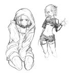  1girl braid breasts cloak closed_mouth hair_rings highres hood hooded_cloak kotoyama looking_at_viewer midriff monochrome nanakusa_nazuna_(yofukashi_no_uta) one_eye_closed ringed_eyes short_hair short_shorts shorts simple_background solo thighhighs waving white_background yofukashi_no_uta 