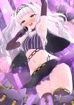  1girl :d arm_up armpits bangs blunt_bangs blush capelet confetti crop_top elbow_gloves gloves glowstick gmkj grey_hair highres hololive long_hair microphone midriff miniskirt murasaki_shion navel open_mouth panties pantyshot purple_panties shiokko_(murasaki_shion) skirt smile solo spotlight sweat twintails underwear virtual_youtuber yellow_eyes 