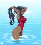  1girl black_hair blue_hair breasts closed_eyes dark-skinned_female dark_skin earrings highleg highleg_swimsuit highres jewelry long_hair medium_breasts nessa_(pokemon) nintendo one-piece_swimsuit partially_submerged pokemon pokemon_(game) pokemon_swsh r3dfive sleeveless swimsuit water watermark wet wingull 