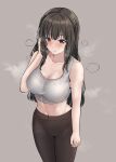  1girl absurdres arm_at_side bang_dream! bangs bare_arms bare_shoulders black_hair black_pants blush breasts cleavage collarbone commentary cowboy_shot from_above grey_background grey_sports_bra hand_in_own_hair hand_up highres large_breasts long_hair looking_away midriff navel pants parted_lips ptal purple_eyes shirokane_rinko sidelocks simple_background solo sports_bra standing steaming_body stomach sweat sweaty_clothes wet wet_hair yoga_pants 