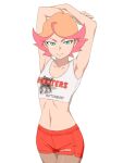  1girl amanda_o&#039;neill arm_above_head armpits blush breasts closed_mouth collarbone green_eyes hooters little_witch_academia looking_at_viewer midriff navel orange_hair orange_shorts satochi short_hair shorts simple_background small_breasts smile solo standing tank_top white_background 