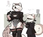  anthro breasts canid canine canis cleavage clothed clothing domestic_dog duo felid female fur hair male mammal nier_automata obscured_eyes pantherine simple_background snow_leopard square_enix video_games white_body white_fur white_hair yorha_2b yorha_9s zinnick 