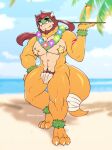  absurd_res anthro bowser eye_patch eyewear full-length_portrait hair hi_res holding_plate horn koopa looking_at_viewer male mario_bros mostly_nude muscular muscular_anthro muscular_male naturally_censored nintendo ponytail portrait pose rookie_bear scalie slight_smile solo thick_thighs video_games 