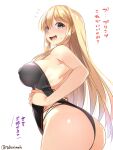  1girl ass bangs bare_arms bismarck_(kancolle) black_skirt blonde_hair blush breasts commentary_request covered_nipples flying_sweatdrops green_eyes kantai_collection large_breasts long_hair looking_at_viewer looking_to_the_side one-piece_swimsuit open_mouth sidelocks simple_background skirt smile solo standing swimsuit takase_muh translation_request twitter_username very_long_hair white_background 