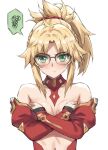  1girl bangs blonde_hair braid breasts covering covering_breasts crossed_arms detached_collar detached_sleeves fate/apocrypha fate/grand_order fate_(series) french_braid glasses green_eyes highres long_hair looking_at_viewer mordred_(fate) mordred_(fate/apocrypha) navel parted_bangs ponytail pout sidelocks small_breasts solo spoken_squiggle squiggle tonee topless 