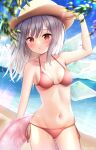  1girl absurdres beach bikini blue_sky blurry breasts cloud commentary_request cowboy_shot day depth_of_field grey_hair hat highres ice ice_wings innertube long_hair looking_at_viewer navel ocean original outdoors red_bikini red_eyes side-tie_bikini sky small_breasts solo suke_(suke_oekaki) sun_hat swimsuit wings 