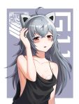  1girl absurdres ahoge alternate_costume animal_ears bangs bare_shoulders black_shirt blush breasts brown_eyes cat_ears character_name collarbone fake_animal_ears g11_(girls&#039;_frontline) girls&#039;_frontline green_hair griffin_&amp;_kryuger hand_in_own_hair highres llaos long_hair looking_at_viewer open_mouth shirt simple_background small_breasts solo standing strapless teeth upper_body upper_teeth 