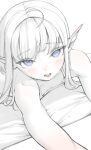  1girl absurdres ahoge bangs bare_shoulders bingwei_huang blue_eyes blush breasts camisole collarbone elf hair_intakes highres long_hair looking_at_viewer lying monochrome on_bed on_stomach open_mouth original pillow pointy_ears sidelocks sketch solo spot_color teeth upper_teeth 
