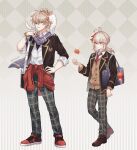  2boys alternate_costume animal_on_shoulder antenna_hair autumn_leaves bag bangs bead_bracelet beads blazer blue_eyes bracelet buttons cardigan cat cat_on_shoulder checkered_pants closed_mouth clothes_around_waist duffel_bag english_commentary full_body genshin_impact hair_between_eyes hand_on_hip highres jacket jewelry kaedehara_kazuha kazuha&#039;s_friend_(genshin_impact) kuro_lee light_brown_hair loafers long_sleeves looking_at_viewer multicolored_hair multiple_boys necktie pony purple_scarf red_eyes red_hair red_necktie scarf school_uniform shirt shoes smile sneakers standing streaked_hair sweater sweater_around_waist twitter_username white_cat white_hair white_shirt wing_collar 