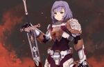  1girl alternate_costume black_bodysuit black_gloves blood blood_splatter bodysuit braid frown genshin_impact gloves green_eyes grey_hair halo_(series) headwear_removed helmet helmet_removed highres hiwonoafu holding holding_helmet holding_sword holding_weapon looking_at_viewer noelle_(genshin_impact) power_armor short_hair solo spartan_(halo) sword upper_body weapon 