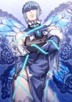  1boy arm_behind_back artist_name blue_background blue_gemstone bound butterfly_wings dated detached_sleeves fairy_ranmaru:anata_no_kokoro_otasuke_shimasu gem gloves gradient gradient_background grey_hair hair_ornament highres holding holding_whip ikenie18 looking_at_viewer parted_lips pointy_ears purple_background seiren_uruu solo standing whip white_gloves wings 