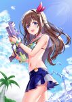  1girl :d absurdres bangs bikini blue_skirt blue_sky blush brown_hair cloud day esuorder hair_between_eyes hair_ornament hair_ribbon highres holding holding_water_gun hololive neckerchief outdoors palm_tree pleated_skirt ribbon sailor_collar skirt sky smile solo star_(symbol) star_hair_ornament striped_neckerchief swimsuit tokino_sora tree virtual_youtuber water_gun white_bikini white_sailor_collar 