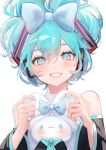  1girl :3 absurdres aqua_eyes aqua_hair bangs bare_shoulders black_sleeves blue_bow blush bow cinnamiku cinnamoroll commentary crossover grin hair_bow hair_ornament hatsune_miku highres k1ruse looking_at_viewer matching_outfit sanrio shirt simple_background smile tied_ears updo upper_body vocaloid white_background white_shirt 