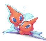  ? blue_eyes character_doll commentary_request doll holding holding_doll kokemushi_(kuru_fox) looking_down pokemon pokemon_(creature) rotom rotom_(normal) sweatdrop white_background 