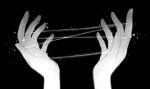  1other androgynous cat&#039;s_cradle commentary fingernails greyscale hand_focus highres light_particles monochrome original out_of_frame pov pov_hands sae_sae simple_background solo sparkle star_(symbol) string string_figure symbol-only_commentary 