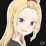  1girl bangs_pinned_back black_background blonde_hair close-up hair_tie highres iori_(keihh) keihh long_hair looking_at_viewer open_mouth original purple_eyes solo wavy_mouth 