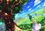  bonsai child cityscape dress green_eyes green_hair landscape namie-kun original scenery solo tree 