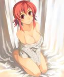  bare_shoulders barefoot blush bottomless breast_squeeze breasts cleavage highres kneeling kusanagi_tonbo large_breasts naked_sweater no_pants original red_eyes red_hair solo sweater 