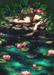  aqua_eyes brown_hair colored_eyelashes fish flower koi lily_pad lotus lying namie-kun on_stomach original pond solo 