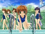  :d all_fours antenna_hair barefoot blurry brown_hair cardcaptor_sakura caustics chain-link_fence daidouji_tomoyo day depth_of_field fence green_eyes highres kinomoto_sakura mihara_chiharu multiple_girls mutsuki_(moonknives) non-web_source one-piece_swimsuit open_mouth outdoors outstretched_hand perspective pool pool_ladder poolside pov reaching sasaki_rika school school_swimsuit smile solo_focus swimsuit tree wet yanagisawa_naoko yuri 