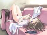  blue_eyes brown_eyes chips copyright_request couch e=mc2_(mosimosi) food glasses legs_up lowleg lowleg_panties lying midriff mouth_hold navel on_back panties potato_chips shirt side-tie_panties solo striped thigh_gap underwear undressing upside-down white_panties 