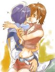  1girl bad_id bad_pixiv_id belt blue_hair blue_nails brown_hair c-mo couple hetero hug kaito meiko nail_polish red_nails sad short_hair skirt vocaloid 