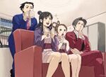  ace_attorney ascot black_hair blue_suit brown_hair couch crossed_legs cup drinking excited formal grey_hair hair_bun hair_ornament holding holding_cup indoors maya_fey miles_edgeworth necktie pearl_fey phoenix_wright red_suit sawa_(2384) suit watching_television 