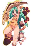  animal_print aqua_eyes aqua_hair blush boomerang cham_cham gloves green_hair long_hair monkey no_panties one_eye_closed paku_paku paw_gloves paw_shoes paws samurai_spirits shoes snk tail tiger_print weapon yu_3 