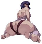  anus ass backless_outfit backless_panties bad_id bad_pixiv_id bare_back bare_shoulders barefoot cameltoe feet from_behind full_body ghost_in_the_shell huge_ass kusanagi_motoko looking_back panties purple purple_hair purple_legwear red_eyes short_hair simple_background sitting solo thighhighs toes toned ueno_petarou underwear wariza 