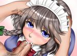  :&gt;= bad_id bad_pixiv_id blue_eyes braid brown_hair cum cum_in_mouth ejaculation fellatio hairband hand_on_another's_head izayoi_sakuya looking_at_viewer looking_up nobuhiro_(mochi) oral penis pov ribbon solo_focus tears touhou twin_braids 