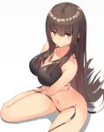  bangs blush breasts brown_eyes brown_hair closed_mouth collarbone commentary_request crossed_arms hair_between_breasts hair_spread_out highres large_breasts long_hair looking_at_viewer navel original shiny shiny_hair simple_background sitting straight_hair tota_(sizukurubiks) v-shaped_eyebrows very_long_hair wariza white_background 