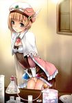  absurdres atelier_(series) atelier_rorona belt bent_over blonde_hair blue_eyes blush breasts cleavage feathers flat_chest hat highres jewelry masturbation medium_breasts ooji pendant poncho potion rororina_fryxell short_hair skirt skirt_lift solo 