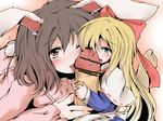  2girls animal_ears blonde_hair blush bow brown_hair bunny_ears censored doll fellatio hairband hetero inaba_tewi long_hair minigirl multiple_fellatio multiple_girls naughty_face nejime oral penis shanghai_doll short_hair tail touhou 