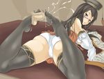  ass black_eyes black_hair cameltoe copyright_request cum cum_on_clothes disembodied_penis ejaculation feet footjob looking_back lying momio on_stomach panties pantyshot pantyshot_(lying) penis sangokushi_taisen solo thighhighs underwear white_panties xin_xianying 