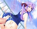  ahegao anal ass blue_eyes blush breasts censored check_translation clothed_sex cum cum_in_pussy day ejaculation from_behind fucked_silly futa_with_female futanari hair_ribbon hiiragi_kagami izumi_konata lucky_star makaroni medium_breasts mosaic_censoring one-piece_swimsuit open_mouth penis purple_hair ribbon saliva school_swimsuit sex sideboob solo_focus swimsuit tears tongue torn_clothes translated translation_request trembling tsurime twintails 