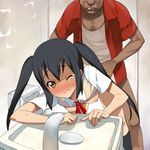  1girl a1 bathroom bent_over black_hair blush bottomless breasts doggystyle frown hetero k-on! long_hair medium_breasts nakano_azusa orange_eyes rape school_uniform sex shirt_lift sink socks sweat sweater_vest twintails ugly_man wince 