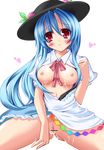  blue_hair blush bow breasts censored cum food fruit hat heart highres hinanawi_tenshi long_hair medium_breasts nipples peach pointless_censoring pussy red_eyes solo touhou yayoi_and_nagi 