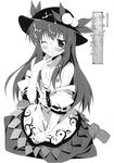  bare_shoulders blush cum cum_on_body cum_on_upper_body facial flat_chest food fruit gradient greyscale hat highres hinanawi_tenshi long_hair minase_(dragon_panda) monochrome non-web_source open_mouth peach scan solo touhou wince 
