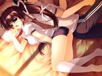  1girl back-to-back bed blue_eyes brown_hair buruma clothed_masturbation faceless faceless_male game_cg gym_uniform hair_ribbon hand_to_own_mouth highres impossible_clothes impossible_shirt kiss_to_lord_to_darjeeling kneehighs long_hair lying masturbation masturbation_through_clothing mikeou on_side open_mouth panties panties_under_buruma pants pillow ponytail pussy_juice ribbon shirt socks solo_focus stealth_masturbation sunlight track_pants underwear wet wet_clothes wet_panties white_legwear white_panties yashiro_tsubasa 