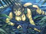  ass breasts camouflage cleavage copyright_request fingerless_gloves gloves gun konchiki large_breasts lying rifle short_hair solo weapon 