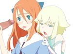  2girls aqua_eyes bad_id bad_pixiv_id blonde_hair blush censored element_hunters hentai_(1985) hetero long_hair mosaic_censoring multiple_girls orange_hair penis short_hair tongue 