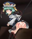  bdsm black_legwear blood bondage bound chain green_hair hat highres injury looking_back no_panties predicament_bondage pussy pussy_juice shiki_eiki shimo_(depthbomb) solo tears thighhighs torture touhou whip_marks wooden_horse 