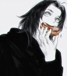  1boy covered_mouth eating eyelashes fingernails food from_below hand_up hanes_025 highres holding holding_food korean_commentary long_sleeves looking_away looking_up medium_hair monochrome original portrait simple_background slit_pupils solo spot_color 