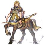  1boy arm_strap armor arrow_(projectile) blonde_hair blue_scarf bow_(weapon) centaur chiron_(fate) curtained_hair fate/apocrypha fate/grand_order fate_(series) full_body green_eyes holding holding_arrow holding_bow_(weapon) holding_weapon long_hair looking_to_the_side low-tied_long_hair male_focus quiver scarf simple_background sketch sleeveless smile solo taur tunic weapon white_background white_tunic wristband yurizuka_(sergeant_heart) 