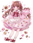  1girl :p animal_ears apron bangs biscuit_(bread) blush bow bow_earrings bowl brown_hair cat_ears checkerboard_cookie collared_dress cookie cross-laced_sleeves dress earrings flower food food_print footwear_bow frilled_dress frills hair_ribbon heart-shaped_cookie highres holding holding_bowl holding_whisk jewelry kohaku_aozora long_hair long_sleeves low_twintails multicolored_hair multiple_earrings neck_ribbon original pink_eyes pink_hair ribbon smile socks solo streaked_hair thumbprint_cookie tongue tongue_out twintails two-tone_hair valentine very_long_hair whisk 