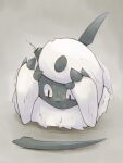  absol animal_focus bags_under_eyes black_eyes blood boke-chan claws commentary_request constricted_pupils grey_background hands_up horns injury looking_down lying no_humans on_stomach pokemon pokemon_(creature) short_hair simple_background single_horn solo sweat white_hair 