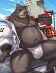  2022 anthro belly ben_(zenless_zone_zero) big_belly black_nose bulge clothed clothing detailed_background hi_res kemono male mammal moobs navel nipples open_clothing open_shirt open_topwear outside overweight overweight_male piao_miao shirt sitting solo topwear ursid weapon zenless_zone_zero 