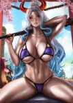  1girl aqua_hair arm_behind_head bikini breasts club_(weapon) collarbone dandon_fuga grey_hair highres holding_club horns large_breasts long_hair looking_at_viewer multicolored_hair navel one_piece orange_eyes outdoors paid_reward_available parted_lips ponytail purple_bikini sitting solo spread_legs stomach sunlight swimsuit thighs two-tone_hair very_long_hair wavy_hair weapon yamato_(one_piece) 